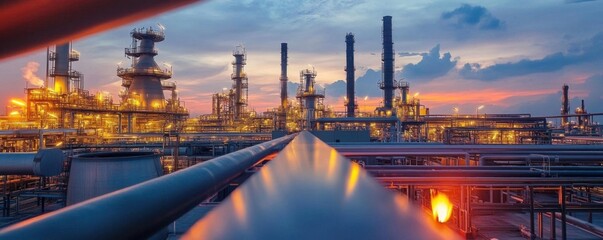 Crude oil refining equipment with distillation columns and pipelines in a modern refinery