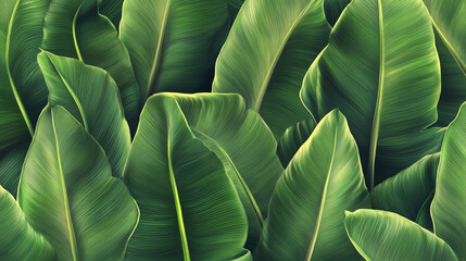 Obraz premium A close up of banana green leaves with a lush green background. 