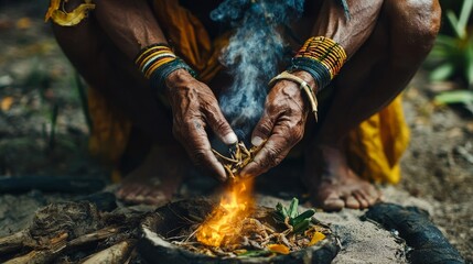 A shaman conducting a healing ritual using traditional herbs and spiritual objects