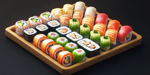 Assorted sushi rolls in wooden tray.