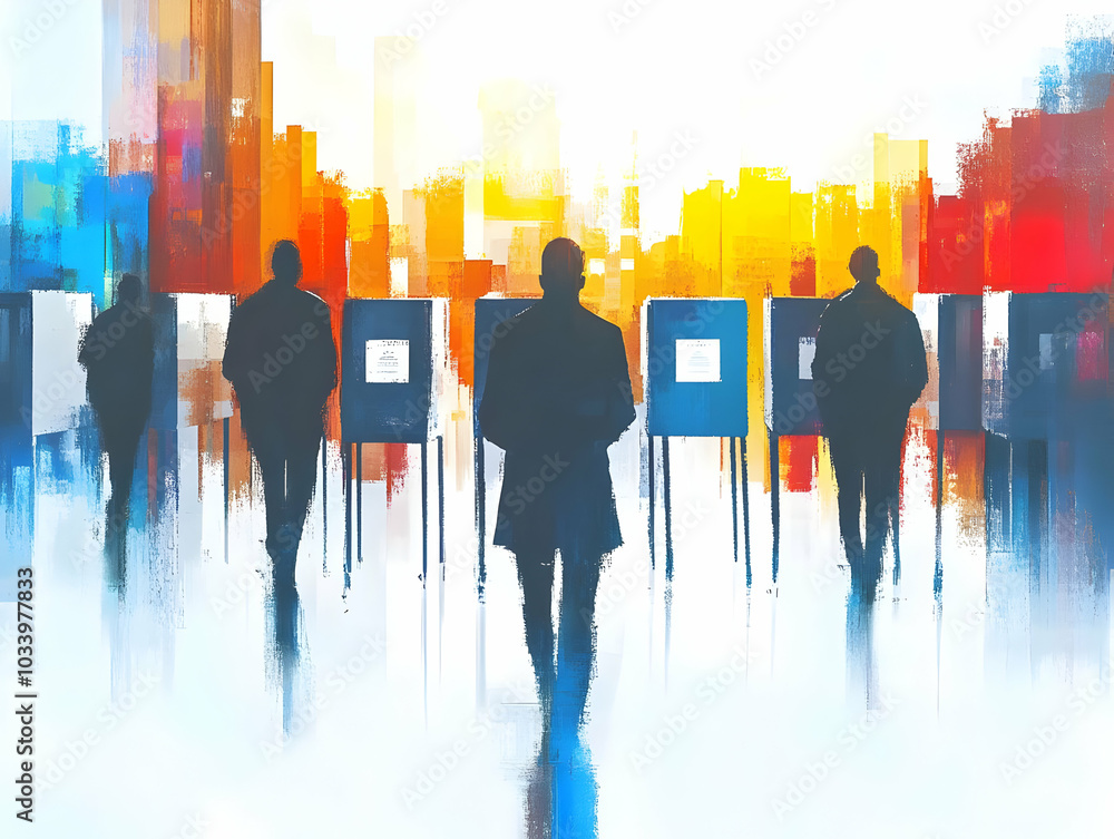 Poster flat abstract voting booth silhouettes: blurred close-up of voters participating in democracy with c