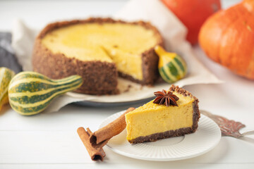Pumpkin cheesecake with fall spices, dessert for Thanksgiving
