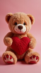 Obraz premium Cute plush teddy bear holding a red heart cushion against a pink background