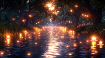 Naklejka premium A serene river illuminated by floating candles in a lush forest.