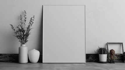 Blank Canvas Mockup with Minimalist Decor on White Wall