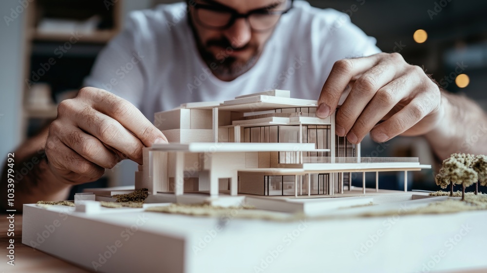 Aufkleber architect examining a detailed scale model of a modern house
