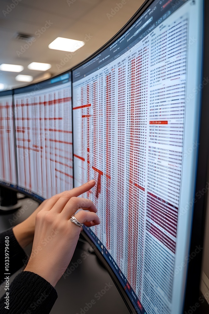 Poster analyzing data on curved monitors in a modern office environment with hands in focus