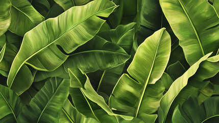 A close up of banana green leaves with a lush green background. 