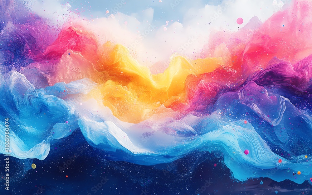 Poster dynamic abstract ink splatter and swirl in rainbow colors, fantasy floral texture, brush stroke expl