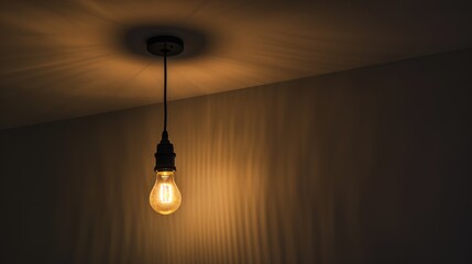 Dark empty room with single flickering light bulb casting long shadows, emphasizing absence of power and eerie atmosphere, minimalist setting with focus on light bulb's glow.