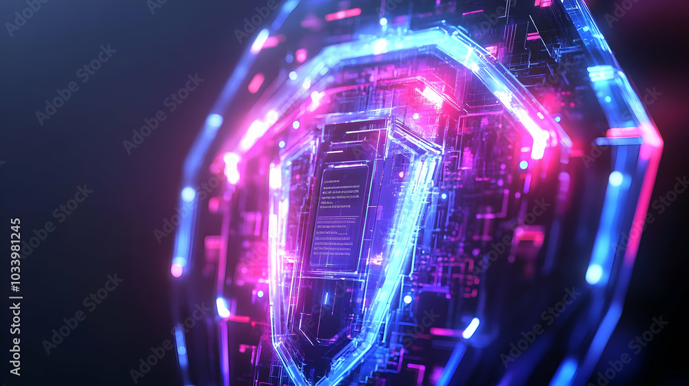 Poster 3d holographic election security shield concept: glowing rotating shield symbolizing integrity with 