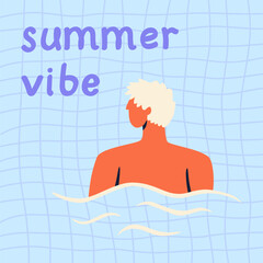 Man swimming in the pool. Cartoon character. Summer party illustration for poster, card, background, discount flyer.
