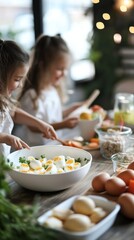 An empty scene featuring blank mockup template (a delightful home kitchen with children learning to make deviled eggs, surrounded by laughter and colorful ingredients), 