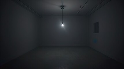 Dark empty room with single flickering light bulb casting long shadows, emphasizing absence of power and eerie atmosphere, minimalist setting with focus on light bulb's glow.