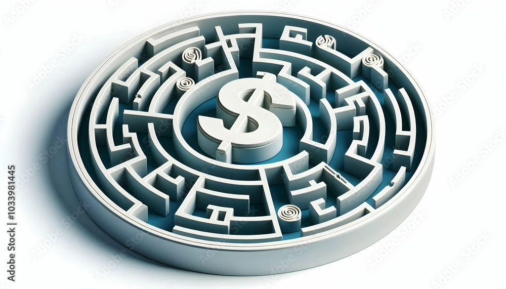 Poster 3d maze with dollar sign center and paths concept - vector illustration of a circular maze highlight