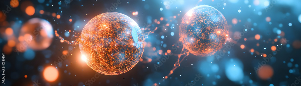 Poster quantum entangled price comparison: split screen close-up of quantum particles reflecting real-time 