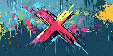 Abstract paint splatter, pink X, blue background.