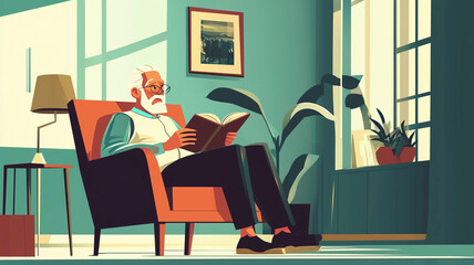 vector style that is colorful, simple, and minimalistic, in a cartoon style, elderly man reading a book, sitting in living room. Senior man reading, hobby for retired or old people. Training the mind.