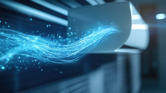 Crisp, frosty tendrils of air emanate from an air conditioner, creating a refreshing, cool atmosphere with vibrant blue light waves.
