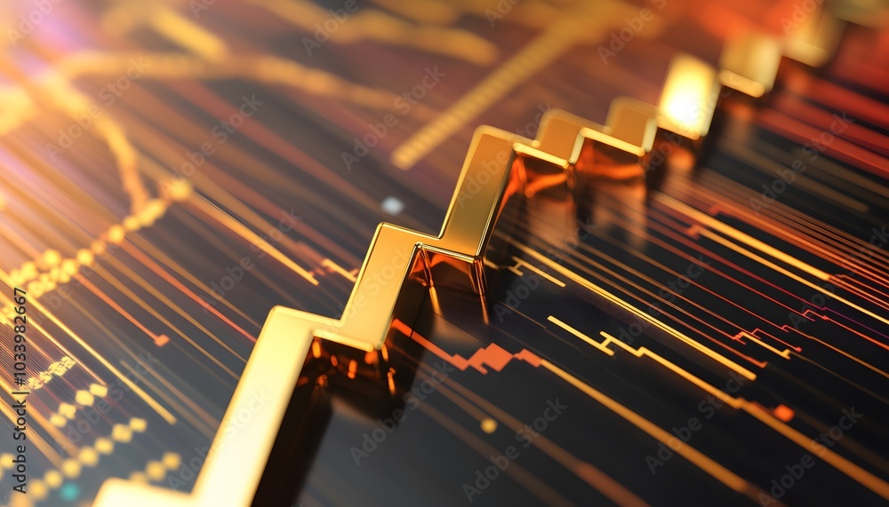 Poster golden staircase ascending on a diagonal pattern of lines