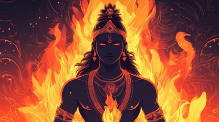 Divine Presence of Hindu God Agni Amidst Flames in Traditional Indian Setting