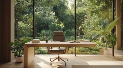Obraz premium Modern office desk with a view of a garden.