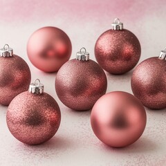 Modern aesthetic of rose gold Christmas ornaments showing matte and sparkling finishes ready for festive holiday decoration.