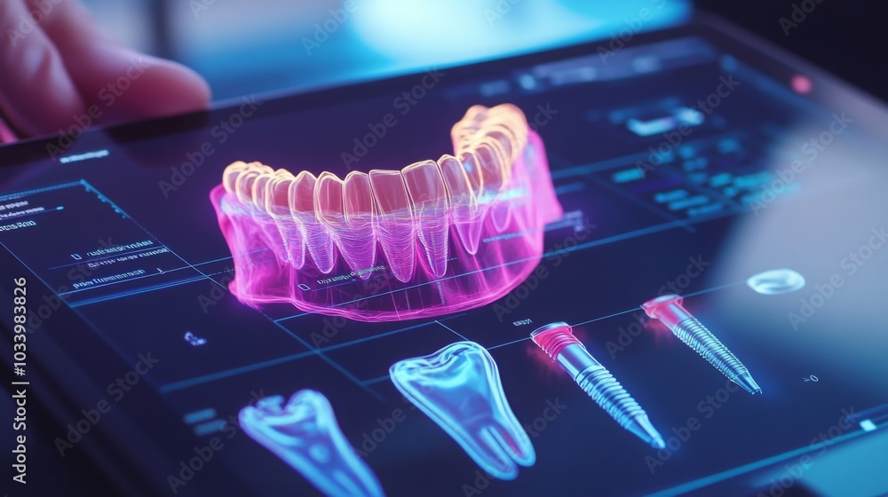 Poster a dental professional reviews a 3d teeth model on a tablet in a modern clinic, showcasing advanced t
