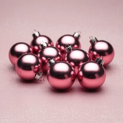 Miniature metallic pink Christmas ornaments grouped together against a matching blush background, conveying a stylish modern holiday aesthetic.