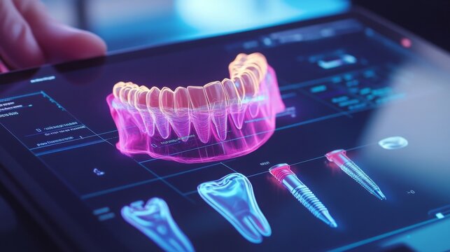 A dental professional reviews a 3D teeth model on a tablet in a modern clinic, showcasing advanced technology during a patient consultation and highlighting innovative practices.