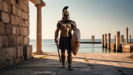 Naklejka premium Silent Warrior in Full Armor by the Serene Sea