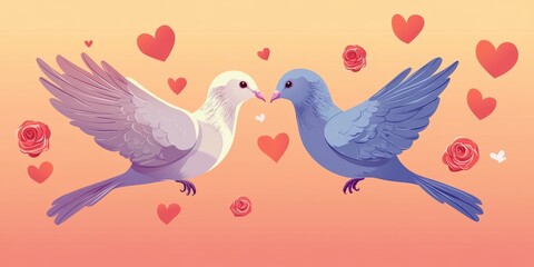 Naklejka premium Two doves facing each other, hearts, roses.