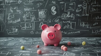 Piggy bank in the center of a chalkboard background with financial doodles, representing education on savings.
