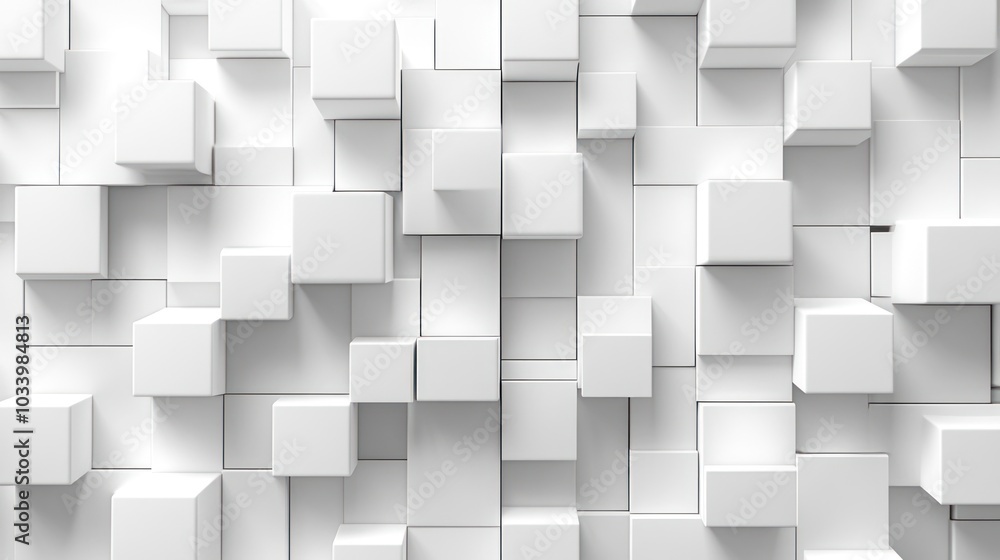Poster abstract arrangement of white cubes creating a textured background.