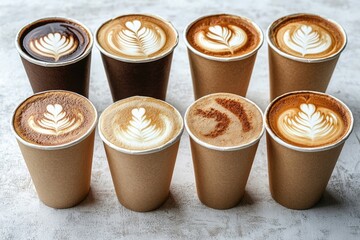 A collection of coffee cups sitting on a table, great for cafe or restaurant scenes