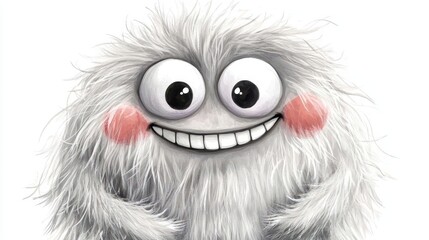 Fototapeta premium Fluffy monster with a big smile, rosy cheeks, isolated background, watercolor style