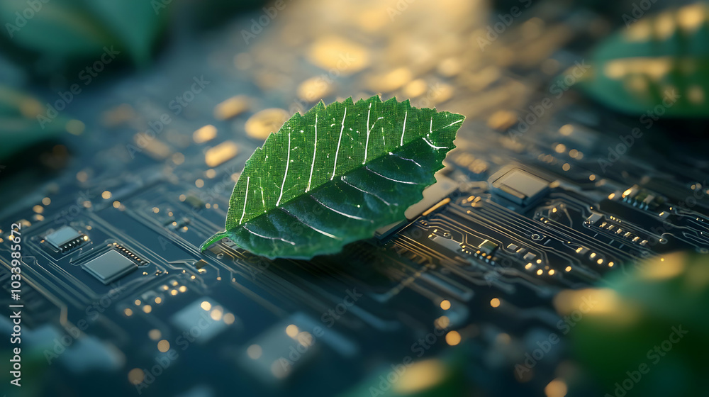 Poster 3d macro of circuit board with green leaf overlay - close up image symbolizing technology and nature