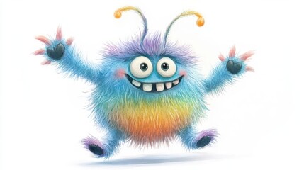 Fototapeta premium Furry monster with playful antennae, bouncing happily, watercolor style