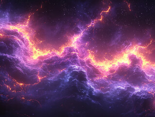 Obraz premium a 3D digital art of a cosmic lightning nebula in space. The nebula is composed of pink and purple colors and has a starburst pattern.