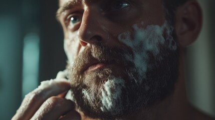 A close-up shot of a person shaving their face with a razor, focus on the facial hair and shaving process