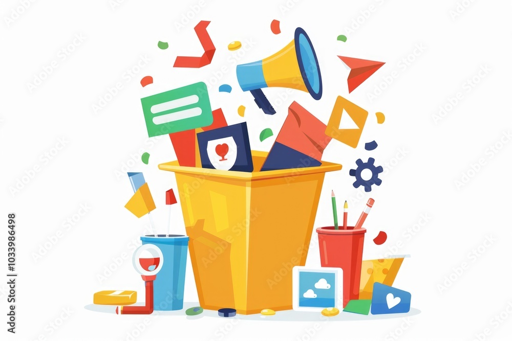 Poster a bright yellow trash can overflowing with various household and personal items, ideal for use in sc