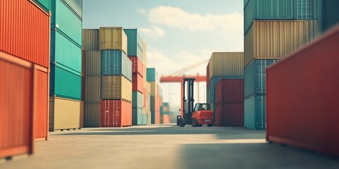 Fototapeta premium A forklift transporting goods through a row of shipping containers, suitable for industrial or warehouse scenes