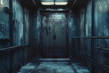 Obraz premium A dark hallway with a metal door and a skylight