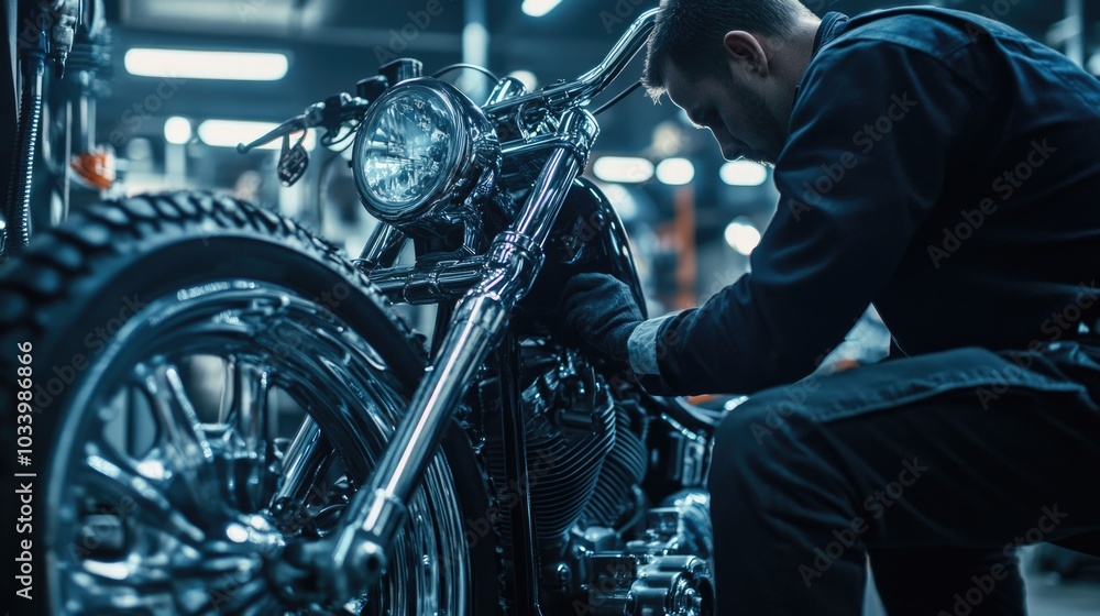 Poster a person tinkering with a bike in a workshop