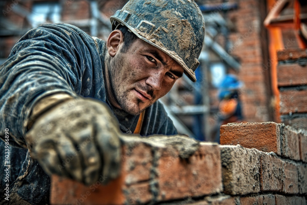 Poster a construction worker laying bricks on a building site