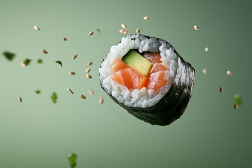 Flying pieces of sushi, slices of salmon, avocado, rice, and seaweed, forming a sushi roll, minimal background with copy space