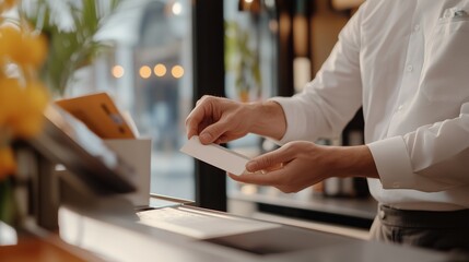 A waiter presents a credit card for payment at a modern café during a busy afternoon session