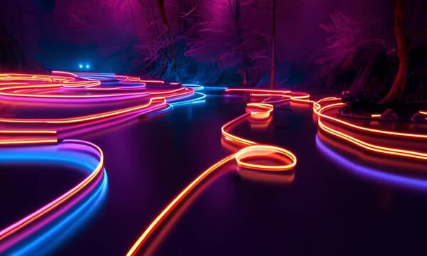 a flowing river of neon light winding through a digital forest at dusk
