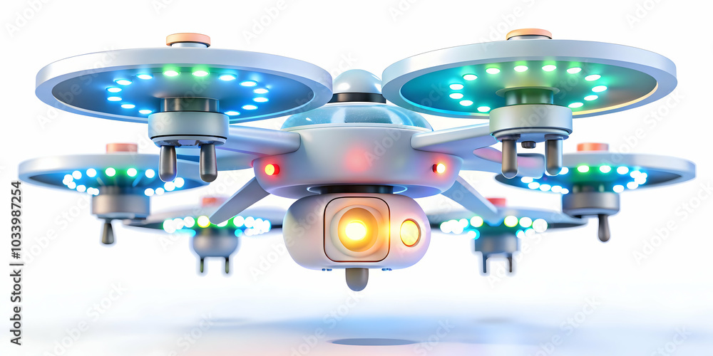 Poster futuristic drone light show: close-up macro of drones with led lights performing synchronized moveme