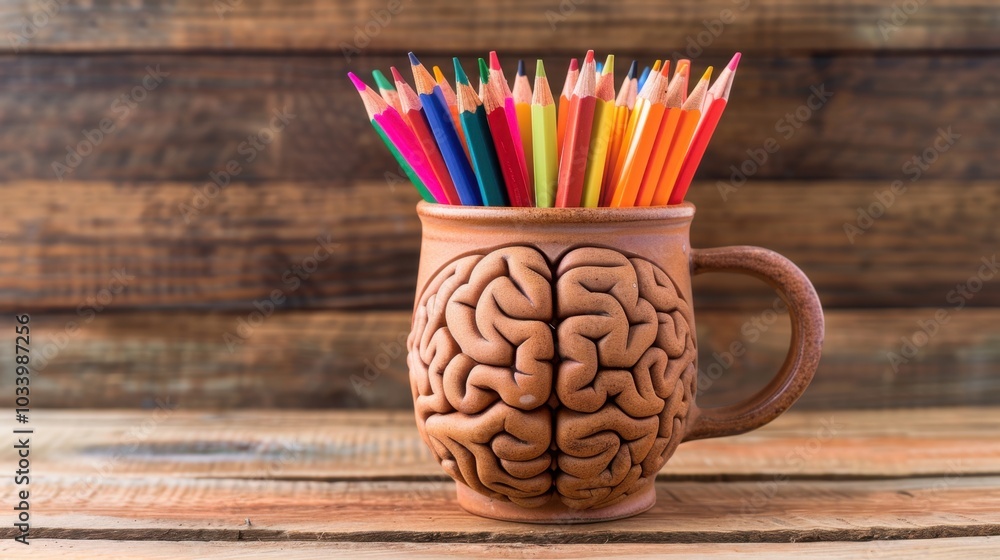 Poster creative and colorful pencils are arranged in unique brain shaped mug, symbolizing creativity and in